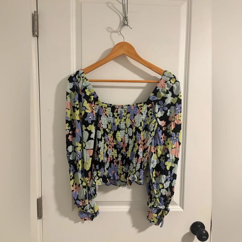 FREE PEOPLE Ariana Floral Puff Sleeve Top Cotton Cropped Blouse Size XS